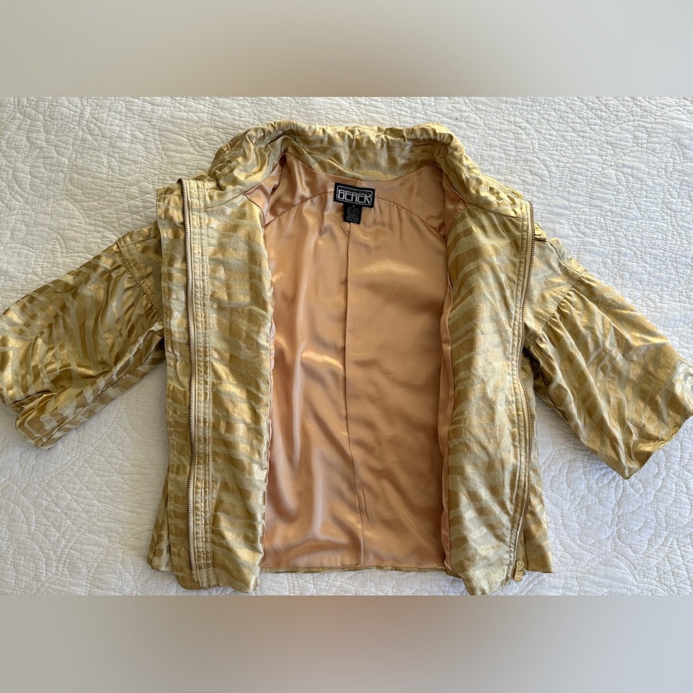 Berek Takako Metallic Gold Blazer Jacket Sz Medium Pockets Full Zip Linen Blend - Picture 5 of 16